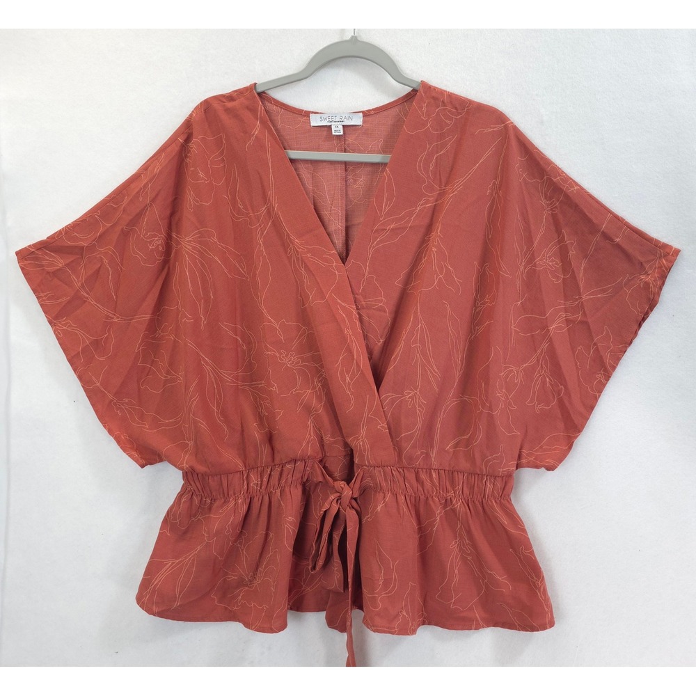 Terracotta Faux Wrap Peplum Top Kimono Sleeves Floral Women 1X Boho Chic Earthy